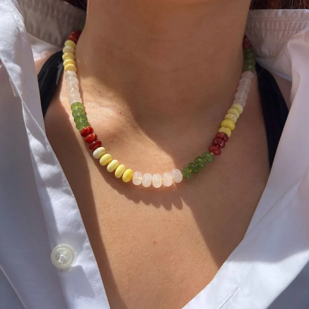 Genuine Carnelian Opal Aventurine Quartz Gemstone Bead Silk Knot Necklace